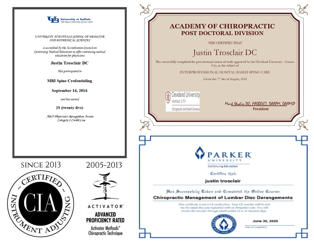 Chiropractic diploma and certification images for scoliosis and spinal care, showcasing Justin Trosclair's credentials, post-doctoral studies, and advanced proficiency in spinal health.