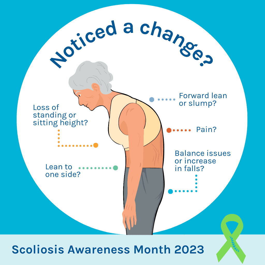 Diverse health issues indicating scoliosis, including postural changes, pain, and balance problems, highlighted for scoliosis awareness and chiropractic care.