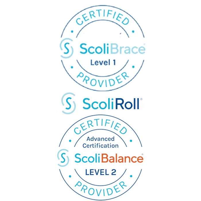 Certified scoliosis treatment provider logo, showcasing SigHold ScoliBrace Level 1 certification for non-surgical scoliosis correction.
