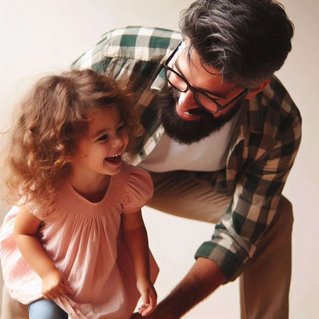 Playful father and daughter sharing joyful moment, emphasizing family, happiness, and well-being at a chiropractic and scoliosis center in LA.