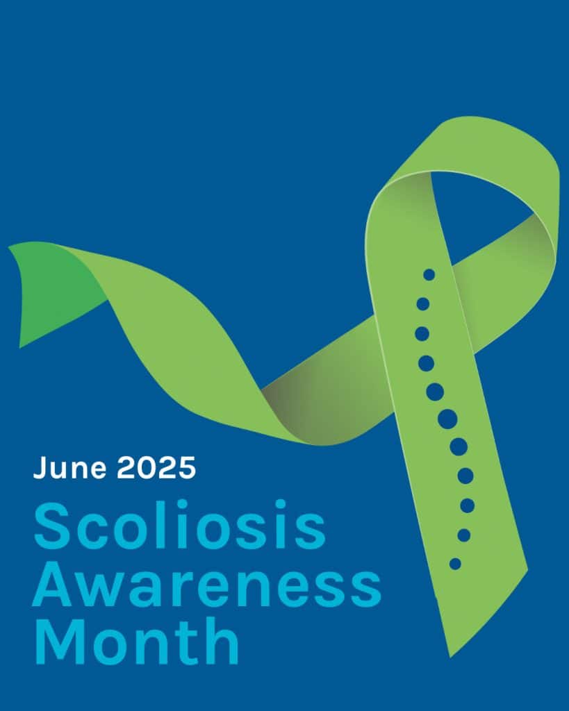Scoliosis awareness ribbon on blue background promoting Scoliosis Center of LA & chiropractic care.