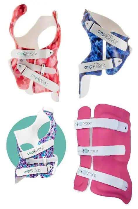 Four different scoliosis braces in various colors and designs for spinal correction and support.
