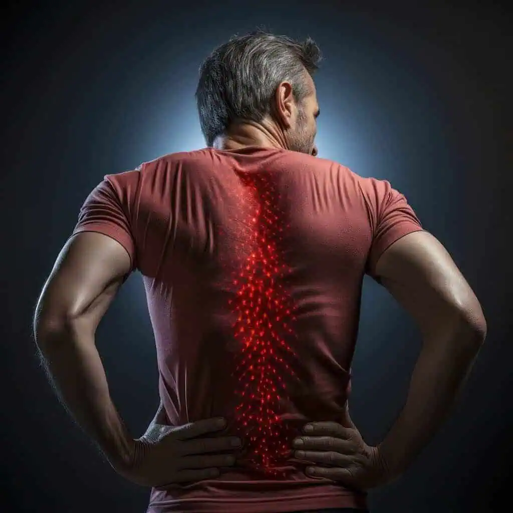 Man experiencing back pain with highlighted spine indicating discomfort or injury.