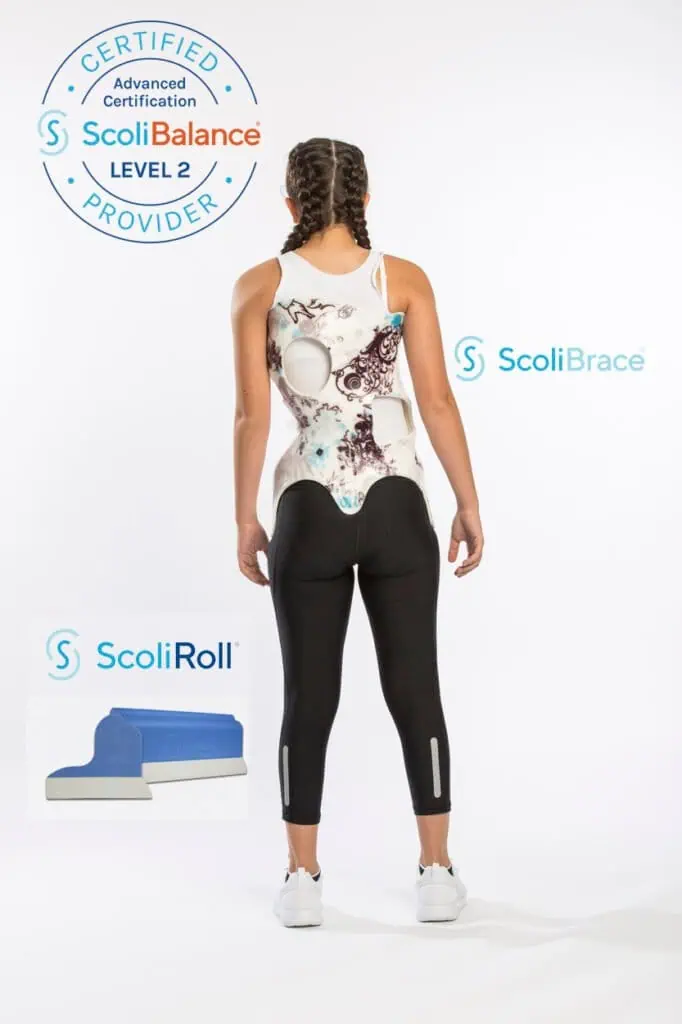 Young woman undergoing scoliosis treatment with scoliosis braces, scolibalance, and scoliroll therapy at a chiropractic clinic.