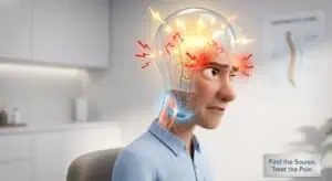 Illustration of a person with a glowing, electrified head indicating headache pain, representing chiropractic treatment and spinal health solutions.