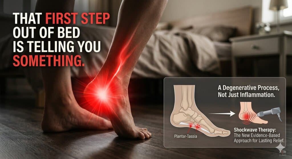 Close-up of a person holding their lower back with a red glow indicating pain, with a diagram of plantar-tarsal and shockwave therapy.