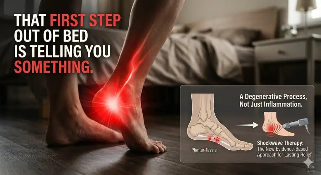 Close-up of a person holding their lower back with a red glow indicating pain, with a diagram of plantar-tarsal and shockwave therapy.