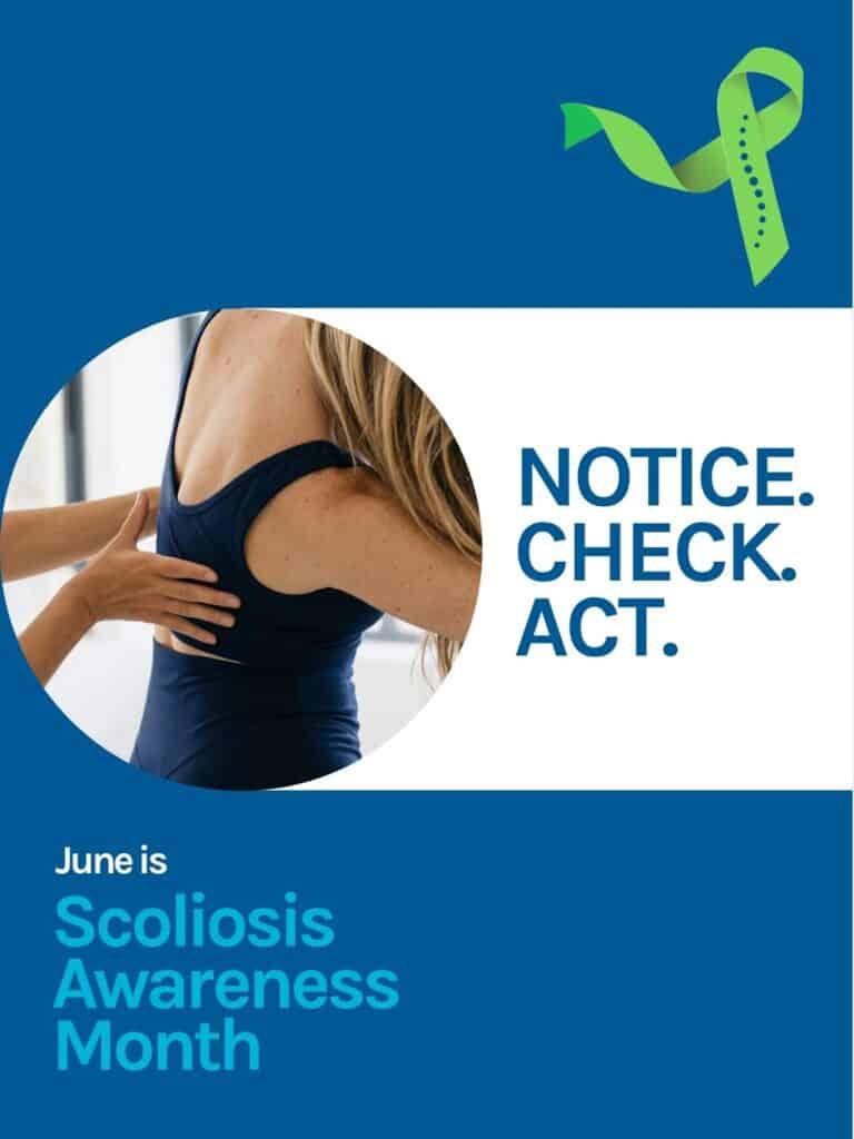 Scoliosis awareness poster featuring a person with back pain, promoting spinal health and early detection during Scoliosis Awareness Month in June.