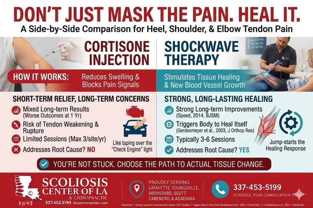 Shockwave Therapy vs. Cortisone Injections: Which One Actually Fixes the Problem? 1 Scoliosis Center of LA & Chiropractic offers shockwave therapy, scoliosis braces, and spinal decompression for pain relief and healing.