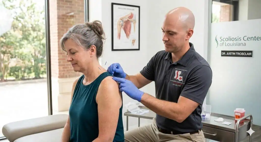 Chiropractor performing scoliosis assessment on a patient in a modern clinic setting.
