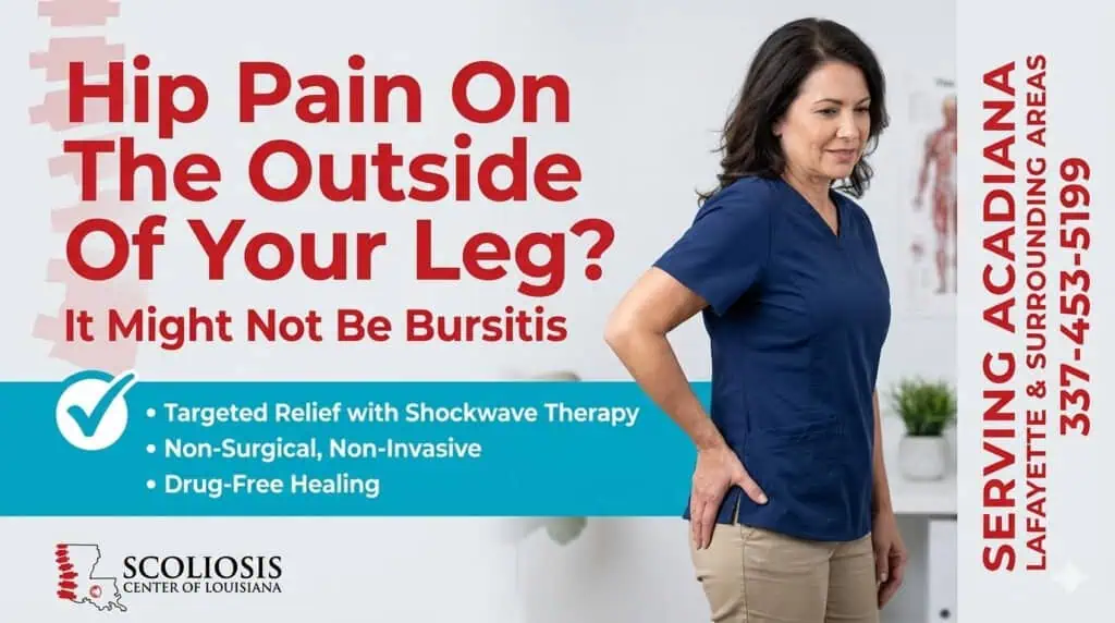 Chiropractic specialist at Scoliosis Center of LA offering treatment for hip pain on the outside of the leg with shockwave therapy and non-invasive methods.