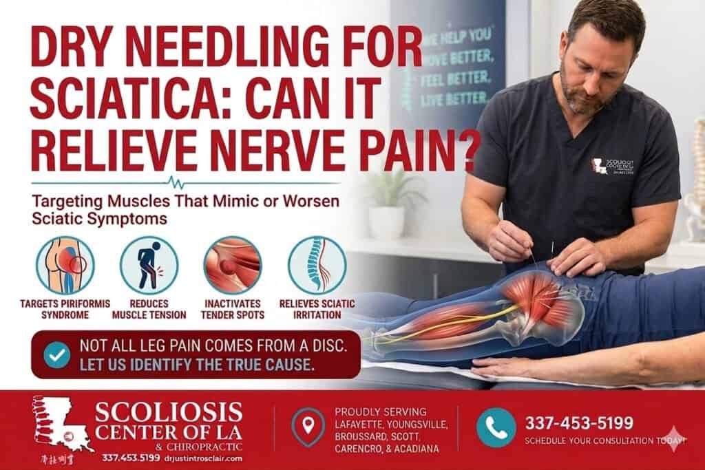 Dry Needling for Sciatica: Can It Relieve Nerve Pain? 1 Chiropractor performing dry needling on a patient's lower back to relieve sciatic nerve pain, highlighting treatment options for sciatic symptoms.