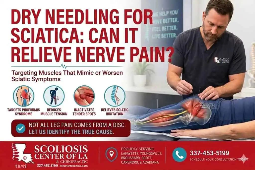 Chiropractor performing dry needling on a patient's lower back to relieve sciatic nerve pain, highlighting treatment options for sciatic symptoms.