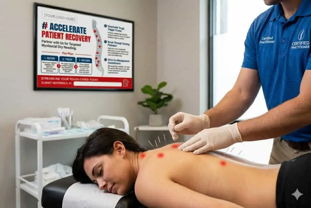 Chiropractor performing spinal therapy on a patient with scoliosis, with treatment points marked on her back.