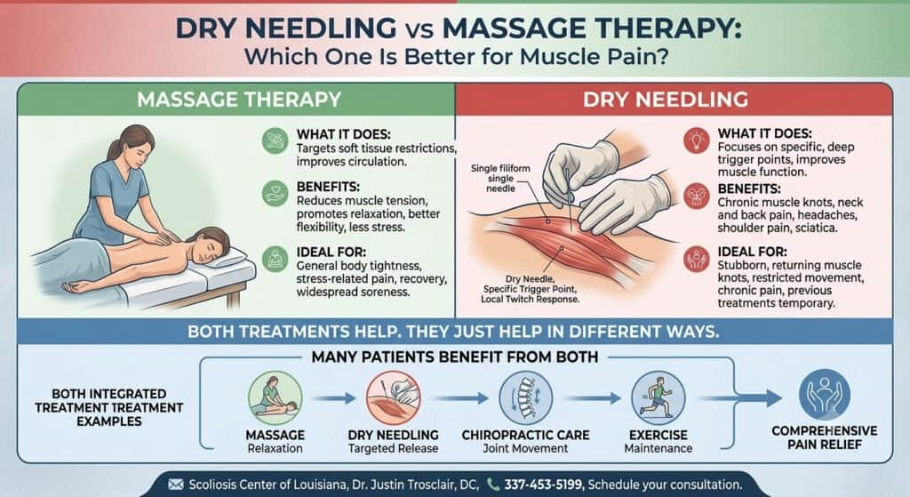 Chiropractic and scoliosis treatment options including massage therapy, dry needling, and exercise at Scoliosis Center of LA & Chiropractic.