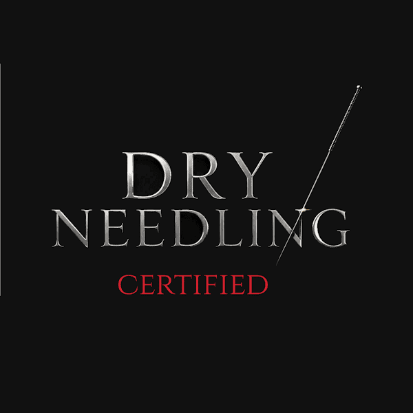 Scoliosis Center of LA and Chiropractic for Acadiana 5 Dry needling certified logo with needle illustration on black background.