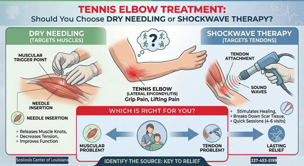 Illustration comparing dry needling and shockwave therapy for muscle and tendon issues, highlighting treatment targets and benefits.