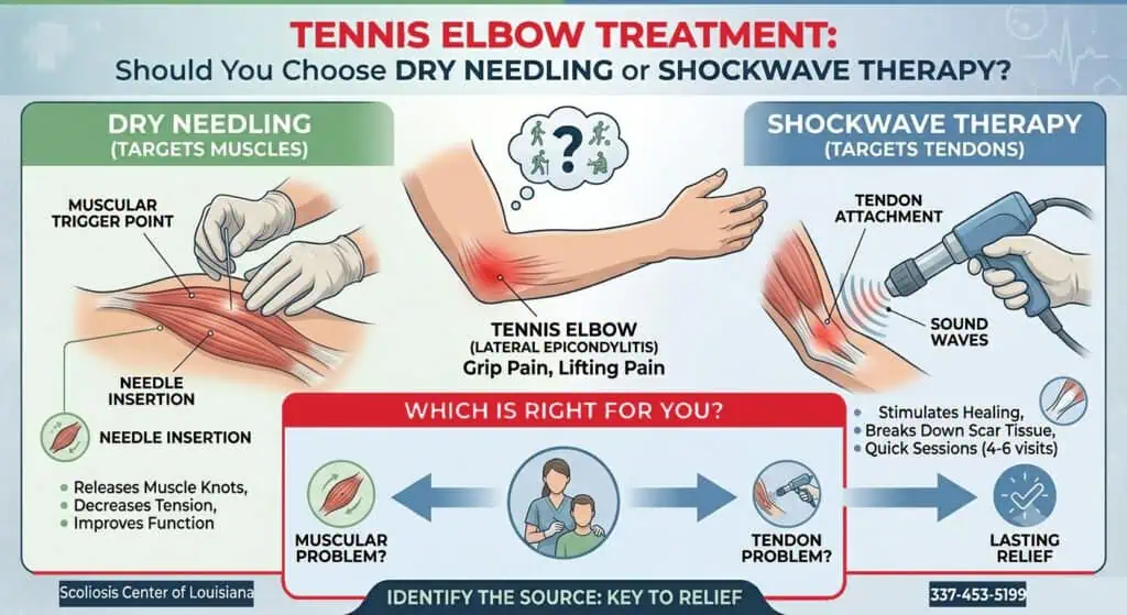 Illustration comparing dry needling and shockwave therapy for muscle and tendon issues, highlighting treatment targets and benefits.
