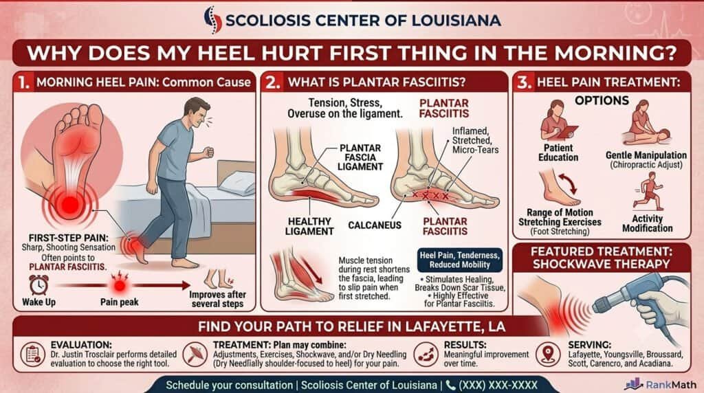 Diagram explaining causes of heel pain in the morning, including plantar fasciitis, and treatment options like shockwave therapy and chiropractic adjustments.