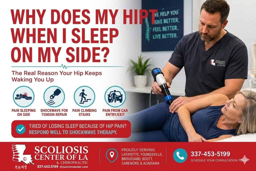 Chiropractor performing spinal therapy on a patient to address hip pain and improve sleep quality.