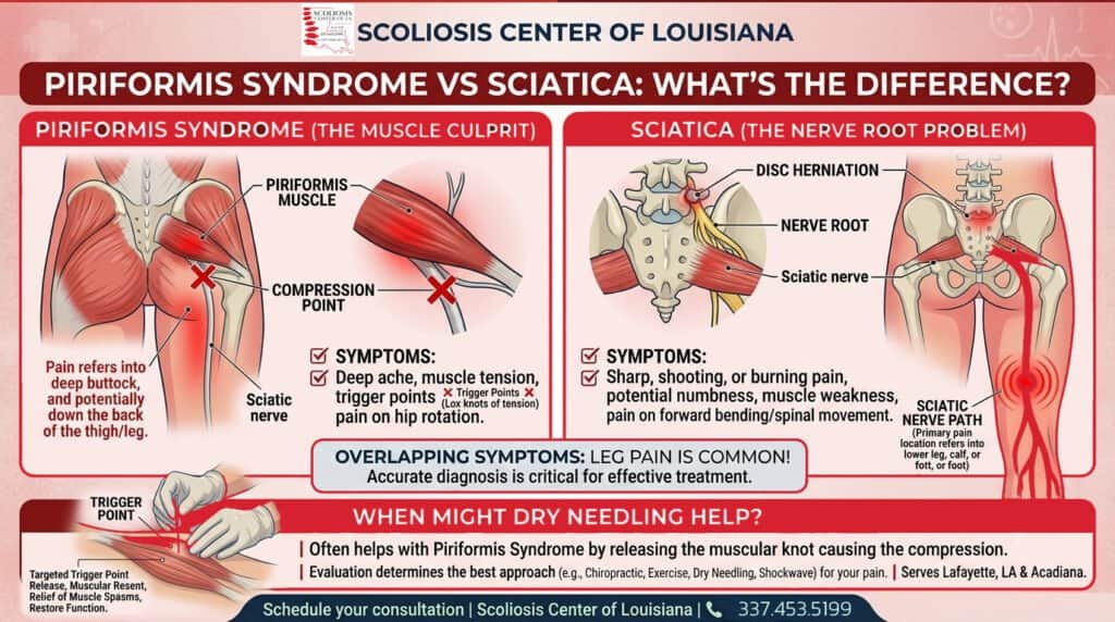 Illustration comparing Piriformis Syndrome and Sciatica, showing symptoms and nerve involvement for accurate diagnosis and treatment.