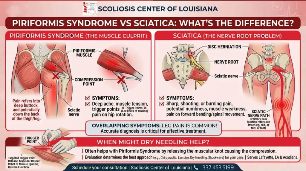 Illustration comparing Piriformis Syndrome and Sciatica, showing symptoms and nerve involvement for accurate diagnosis and treatment.