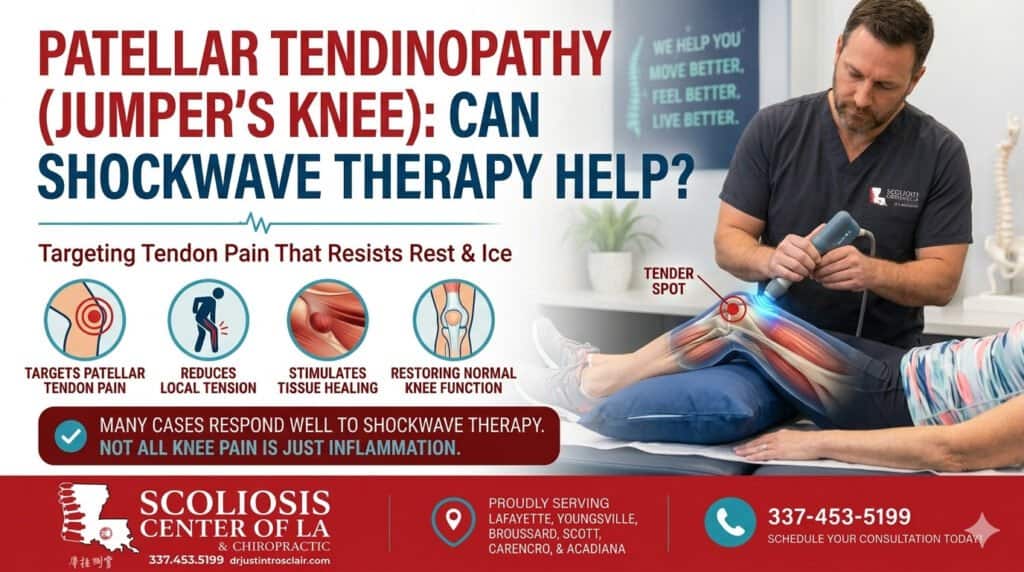 Chiropractor at Scoliosis Center of LA applying shockwave therapy to a patient's knee for jumper's knee pain relief.