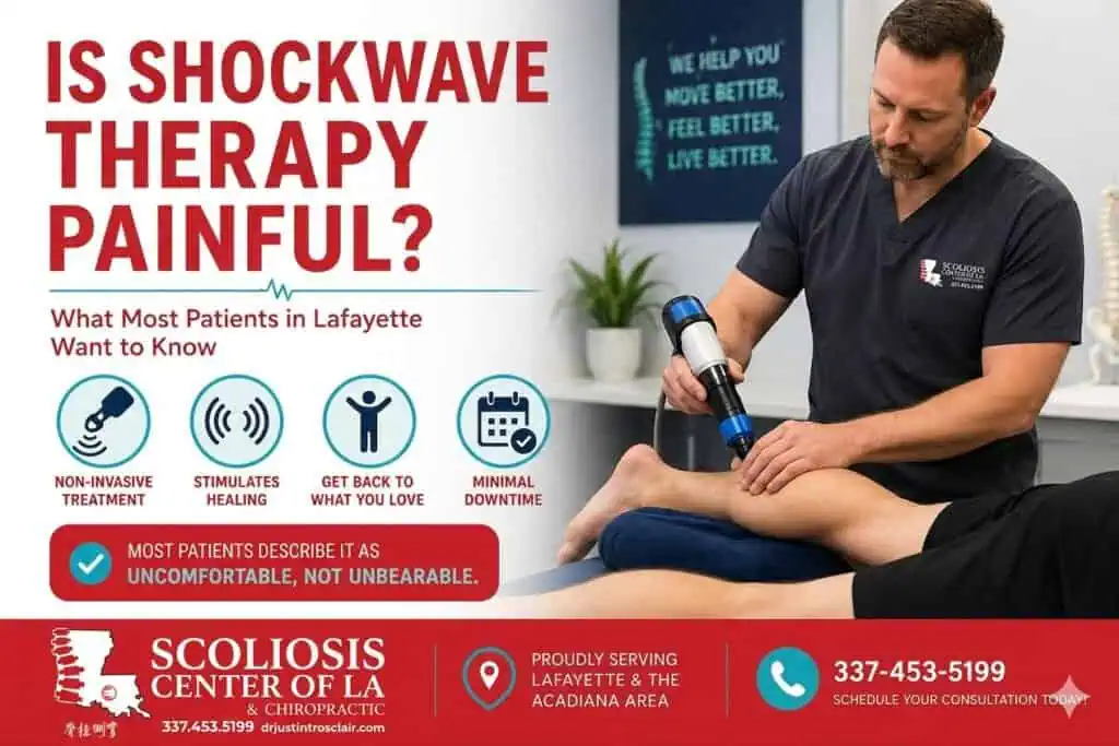 Chiropractor performing spinal therapy with shockwave device in a clinical setting.